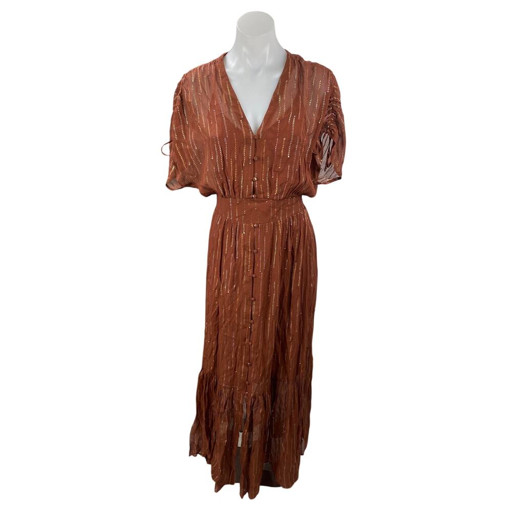 Dante6 Freya Brown Half Sleeve V Neck Lurex Stiped Button A Line Maxi Dress Sz 1